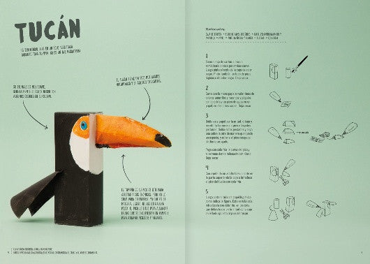 Inside page of the book depicting a home made Tucan with the instructions to assemble it
