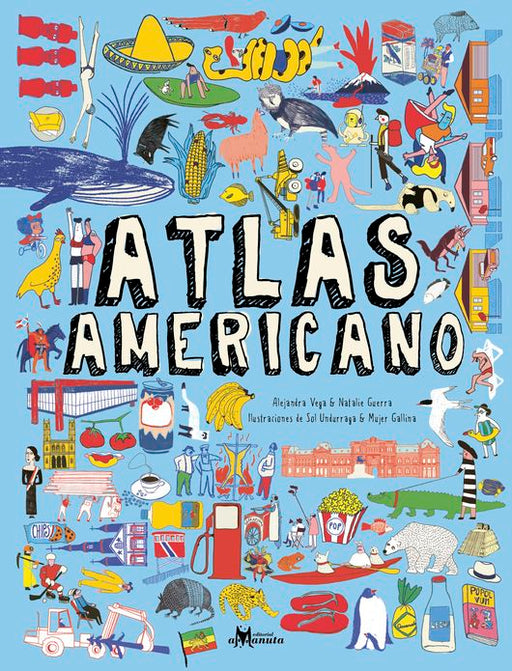 Atlas americano cover depicting a collage of images  from animals to vegetables and all sorts of manmade products