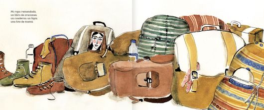 Illustration of several backpacks, bags, and shoes scattered around.