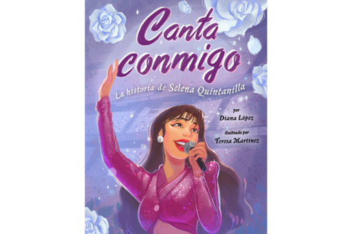 Book cover of Canta Conmigo la Historia de Selena Quintanilla with an illustration of Selena singing.