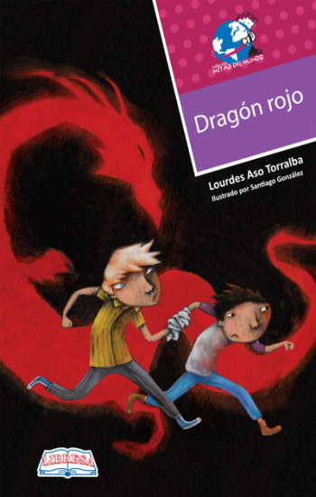 Book cover of Dragon Rojo with an illustration of two boys running with a dragon behind them.