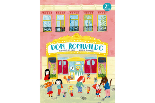 Book cover of Don Romualdo with an illustration of different animals in front of a theater.