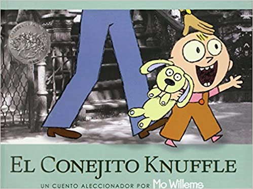 Book cover of El Conejito Knuffle with an illustration of an adult and a child walking holding a stuffed bunny animal.