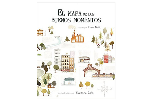 Book cover of El Mapa de los Buenos Momentos with illustrations of different places on a map.