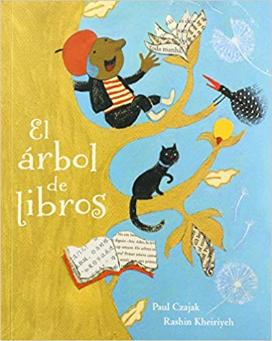 Book cover of El Arbol de Libros with an illustration of a man and a cat in a tree.
