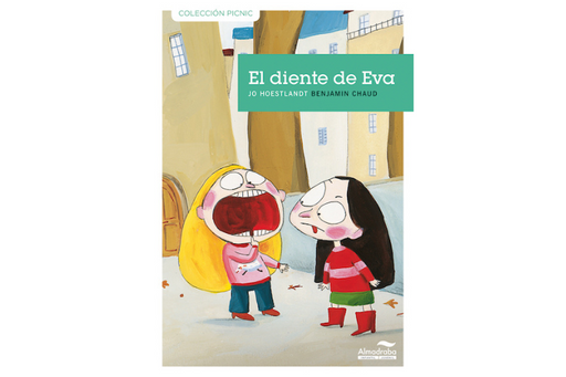 Book cover of El diente de Eva with an illustration of two girls, and one girl is pointing at her missing tooth.