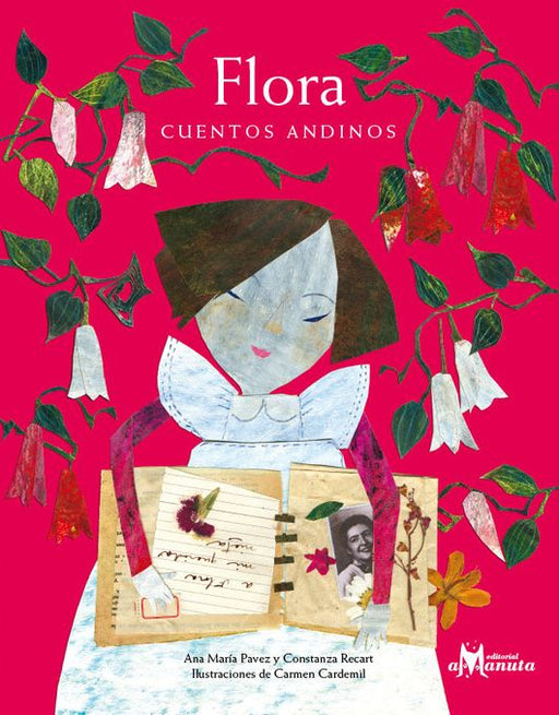 Book cover of Flora, Cunetos Andinos with an illustration of  shows a girl reading a scrapbook.