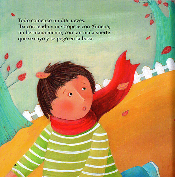 Inside book page shows text and an illustration of a child with a red scarf.