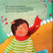 Inside book page shows text and an illustration of a child with a red scarf.
