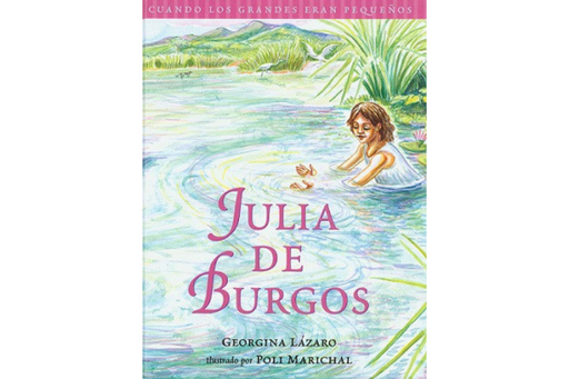 Book cover of Julia de Burgos with an illustration of a girl playing in water.