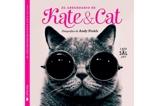 Book cover of El Abecedario de Kate and Cat with a photograph of a cat wearing sunglasses.