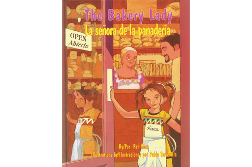 Book cover of La Senora de la Panaderia/The Bakery Lady with an illustration of a girl opening the door of the bakery.