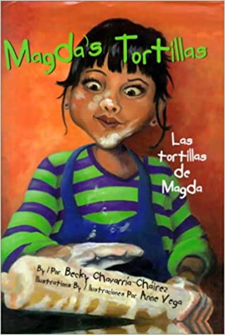 Book cover of Las Tortillas de Magda with an illustration of a girl cooking with flour all over herself.