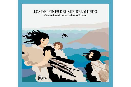 Book cover of Los Delfines del sur del Mundo with an illustration of a family by the ocean with a dolphin jumping out of the water behind them.