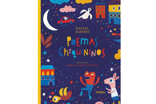 Book cover of Poemas Chiquininos with rando illustrations of buildings, birds, a car, a moon, a frog, and a pig.
