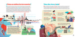 Inside book pages show text and illustrates graphs and information.