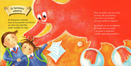 Inside book pages show text and an illustration of two children and an orange figure.