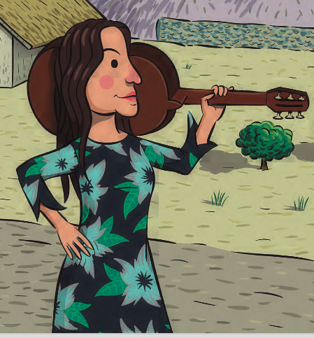 Inside book page illustrates Violeta Parra with a guitar next to a field.