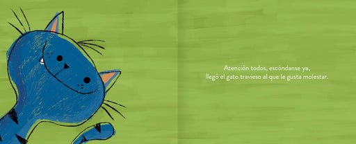 Inside page shows text and an illustration of a blue cat.