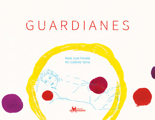 Book cover of Guardianes with an illustration of a girl in bed inside a yellow circle.
