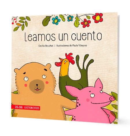 Book cover of Leamos un Cuento with an illustration of a bear, a chicken, and a pig.