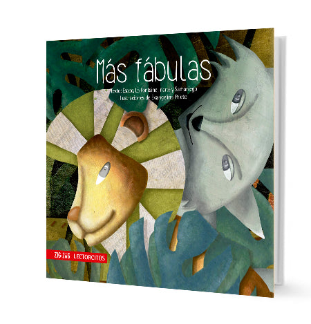Book cover of Mas Fabulas with an illustration of a wolf and a lion.