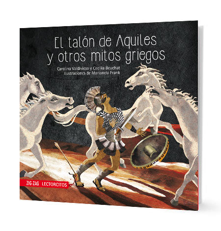 Book cover of El Talon de Aquiles y otros Mitos Griegos with an illustration of Achilles being struck by the arrow.