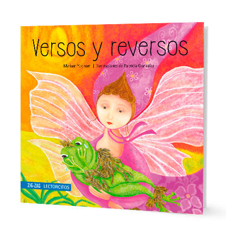 Book cover of Versos y Reversos with an illustration of a fairy holding a frog.