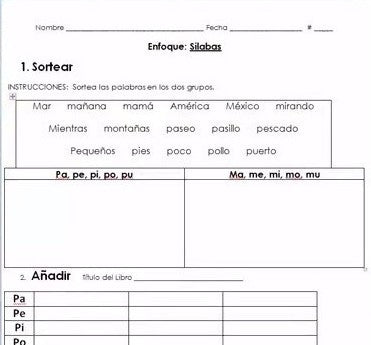 image of a spanish worksheet