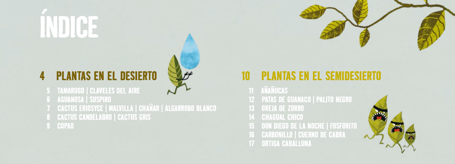 Index from the picture book Huerta, cosecha lo que siembras by Monica Martin y la chacra