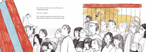 Inside book pages show text and an illustration of a group of people standing outside the lion's cage.