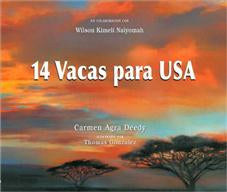 Book cover of 14 Vacas Para USA depicting an illustration of a sunset with two trees.