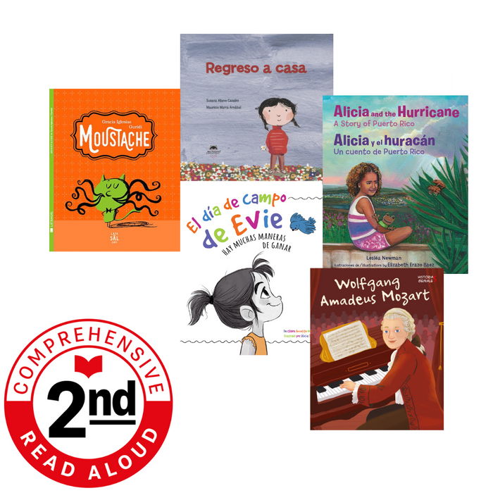 Photo of five different books available for second grade comprehensive read aloud collection logo.