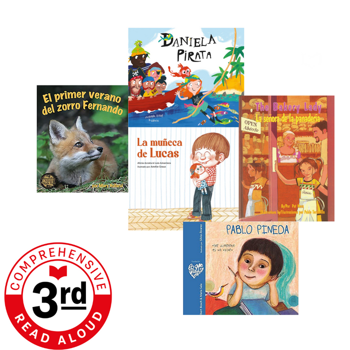 Photo of five different books available for third grade comprehensive read aloud collection sets.