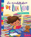 Book cover of La Minibiblioteca de Lila Lou with an illustration of a little girl reading a book with a stuffed animal surrounded by piles of books.