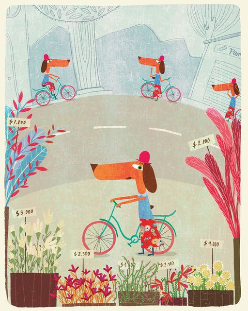 Illustration of several wiener dogs riding bicycles on the street.