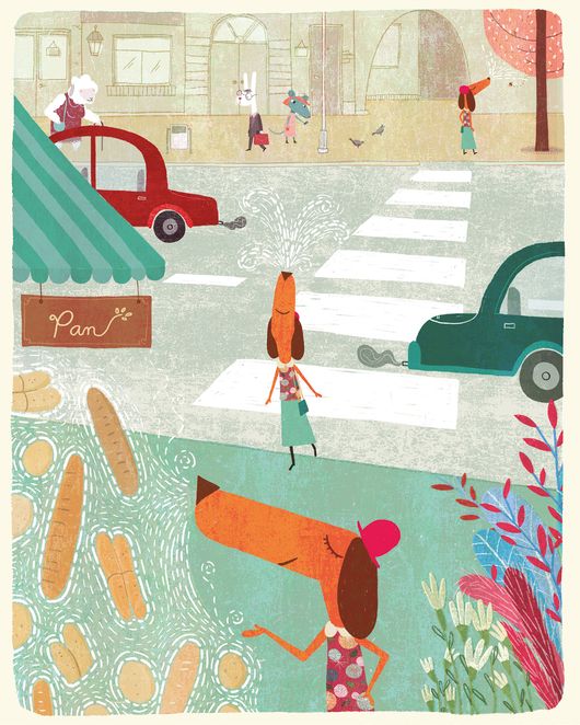 Illustration of a dog buying bread near a street with cars.