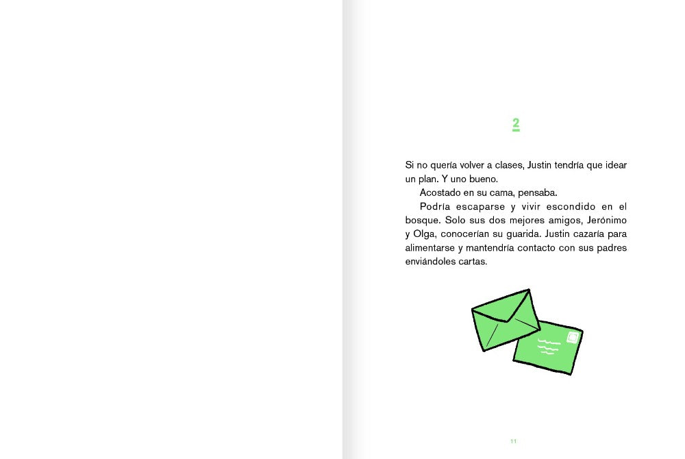 Inside page with a few paragraphs of text and an illustration of two green letters