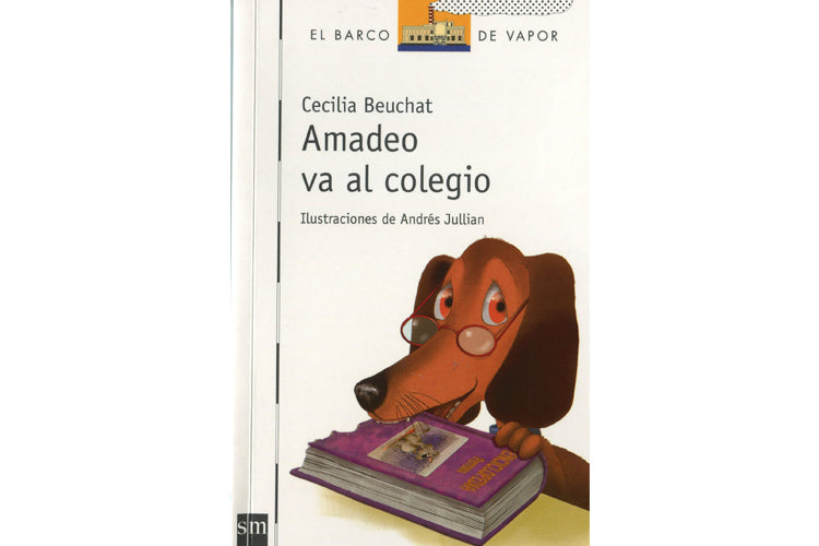 book cover depicting Amadeo, a wiener dog, wearing reading glasses and bitting on a book.