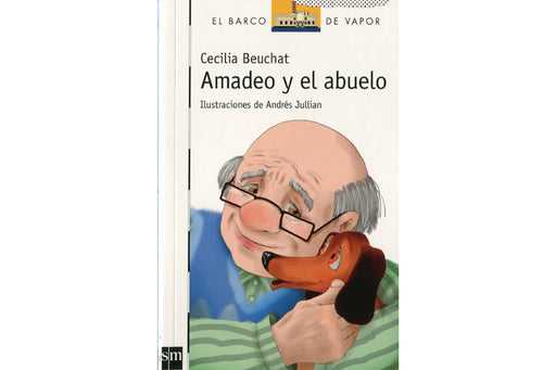 Book cover depicting Amadeo, a wiener dog, being held by the family's grandfather.
