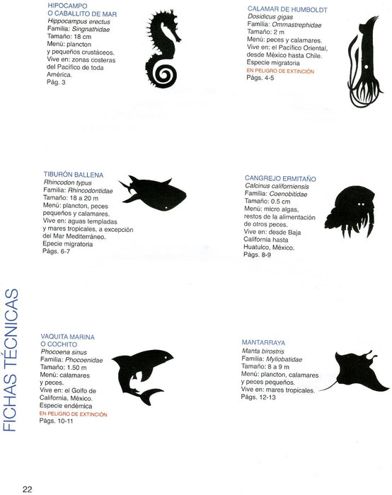 Inside page of the book depicting six different marine animals with its basic information