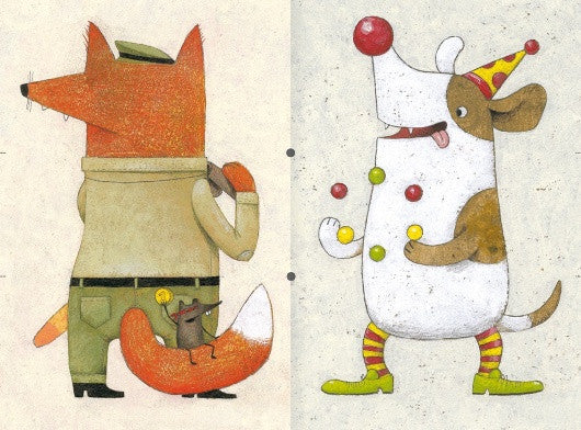 Illustrations of a fox and a dog dressed like humans
