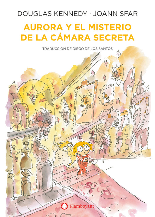 Book cover of Aurora y el Misterio de la Camara Secreta depicting an illustration of a girl walking down a hall with many different hanging pictures and sculptures.