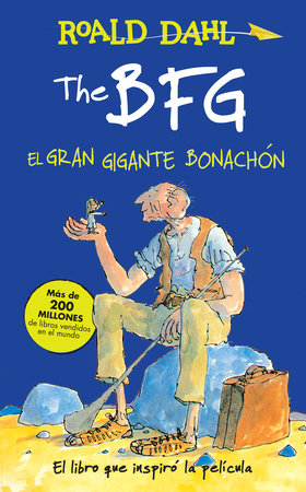 Book cover of The BFG El Gran Gigante Bonachon with an illustration of a giant sitting on a rock, holding a small person in his hand.