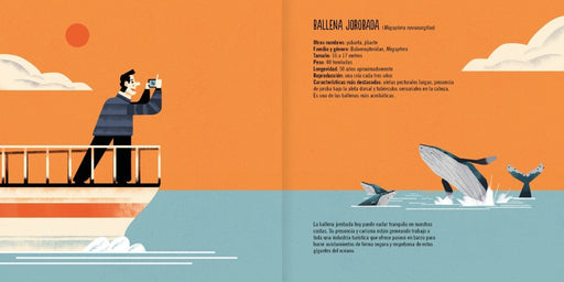 Inside pages show text and an illustration of a man taking picture of whales.