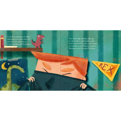 Picture of the inside pages of the book with an illustration of a child struggling to pull his head through his shirt.