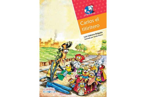 Book cover for Carlos, el Titiritero with an illustration of a man sitting by traintracks playing with hand puppets.