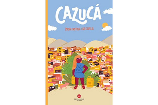 Book cover of Cazuca with an illustration of a girl standing in front of her city.
