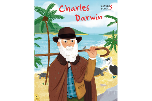 Book cover of Charles Darwin with an illustration of a man standing at the beach with two turtles and a stork behind him.