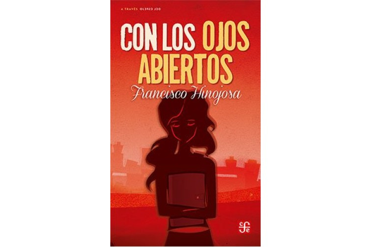 Book cover of Con los Ojos Abiertos with an illustration of a girl holding a notebook.